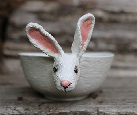 White Hare Ceramic Bowl Hand Sculptured Bunny Soup Bowl Rabbit Bowl
