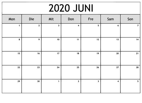 Auf dieser seite findet ihr unsere monatskalender 2019 und 2020 auf je einer din a4 seite im hochformat mit feiertagen und kalenderwochen zum kostenlosen ausdrucken. Juni 2020 Druckbare Kalender Zum Ausdrucken PDF