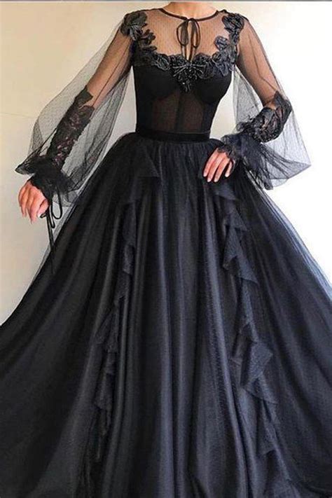 Long Sleeves Appliques Black Ball Gown Prom Dresses Evening Grad Dress