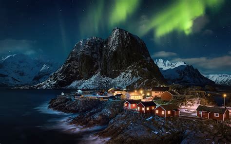 1280x800 Lofoten Norway Village Aurora Northern Lights 4k 720p Hd 4k