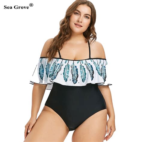 Plus Size Swimwear Women Off Shoulder Ruffle One Piece Swimsuit Feather