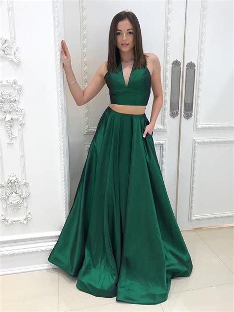 elegant two piece a line v neck long dark green satin prom evening dress with pockets on luulla