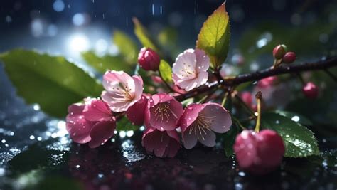 Premium Ai Image Moonlit Serenade Sparkling Cherry Blossoms After Rain