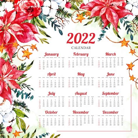 Free Vector Watercolor Festive 2022 Calendar Template