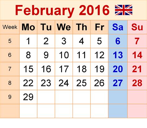 February 2016 Calendar With Holidays Usa Uk Canada