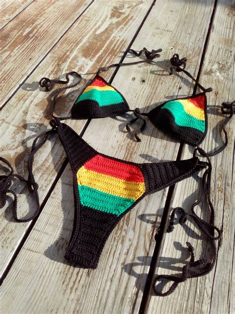 crochet bikini set high hip rasta crochet bikini red yellow etsy