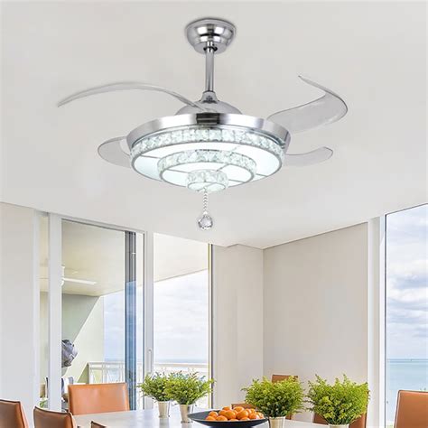 42 Crystal Ceiling Fan With Light Retractable Blades Chrome Modern Led