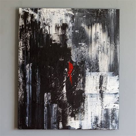 Black And White Contemporary Abstract Painting With A Touch Of Deep Red