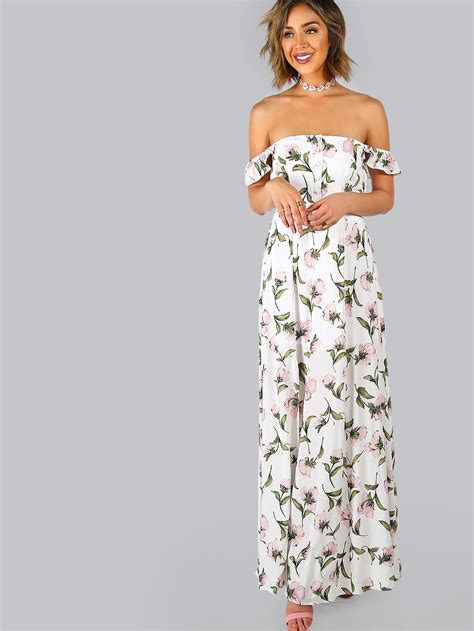 White Flower Print Off The Shoulder Maxi Dress Shein Sheinside