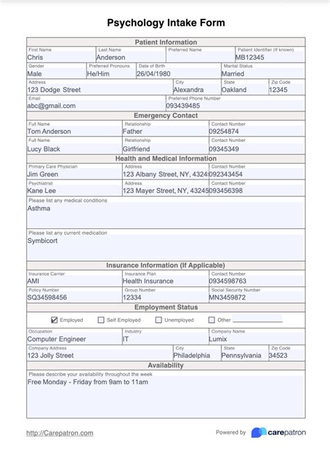 Psychology Intake Form And Template Free Pdf Download