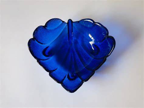 Cobalt Blue Pressed Glass Leaf Bowl Candy Dish Footed Compote Etsy