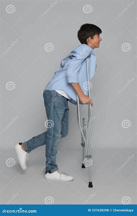 Teenage Boy With Axillary Crutches On White Background Collage Banner