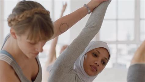 Yoga Class Beautiful Muslim Woman Practicing Triangle Pose Fitness