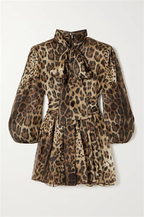 Dolce And Gabbana Pussy Bow Leopard Print Silk Blend Organza Mini Dress