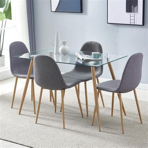 Zimtown Dining Table Set With Chairs Rectangle Glass Table Set Modern Tempered Glass Top Table
