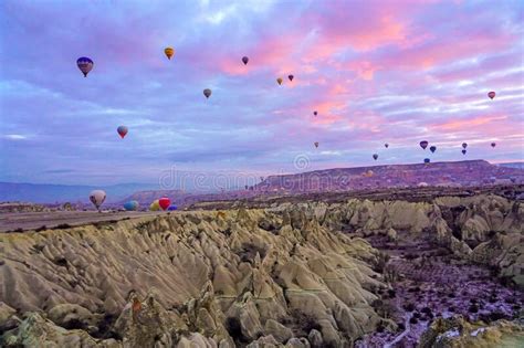 Hot Air Balloon Flying Over Spectacular Love Valley Cappadocia Stock