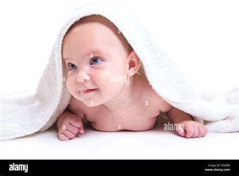 Three Month Baby Under White Towel Isolated On White Stock Photo Alamy