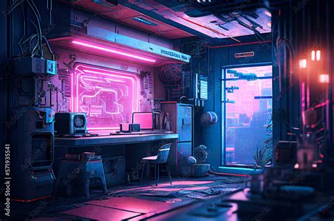 Futuristic Robot Workshop With Neon Lights In Dystopian Style