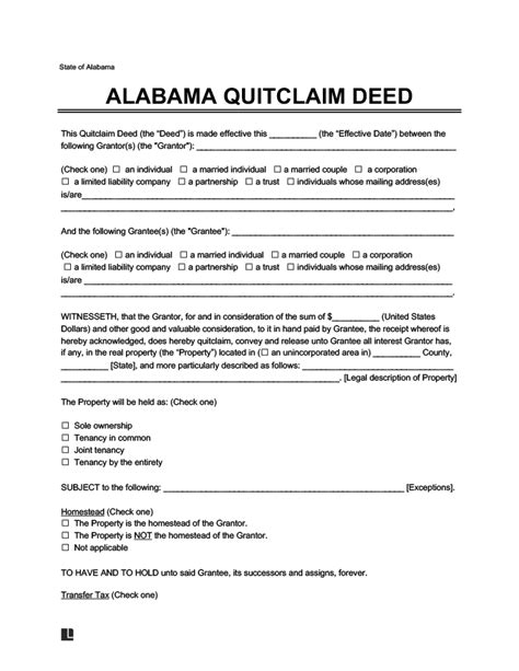 Free Alabama Quit Claim Deed Form Pdf And Word