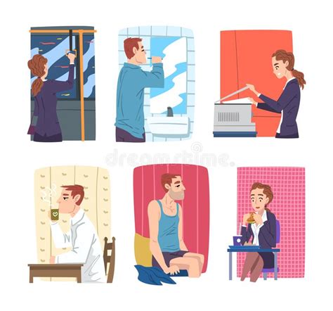 Man And Woman Office Employee Day Routine Scene Vector Set Stock Vector