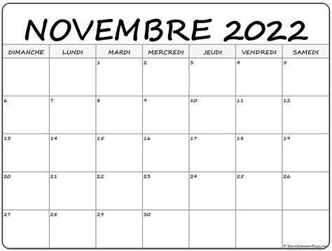 Novembre 2022 Calendrier Imprimable Calendrier Gratuit