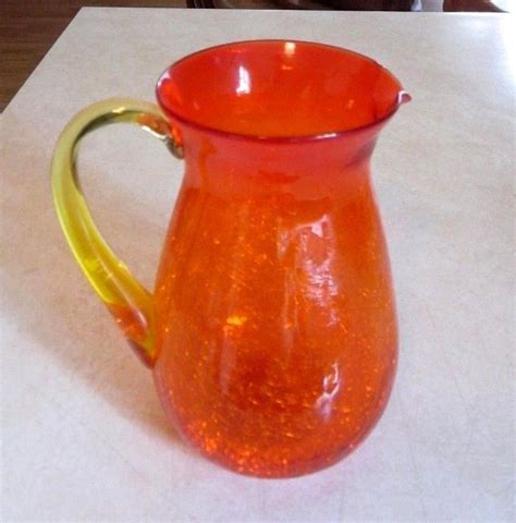 Vintage 7 Orange Crackle Glass Pitcher With Yellow Handle Excellent Condition Crackle Glass