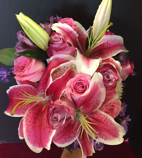 Alstroemeria and hydrangea wedding bouquets. Wedding bouquet with stargazer lilies, lavender and pink ...