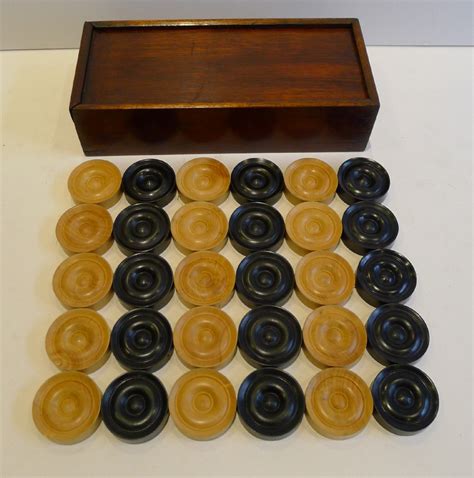 Antique English Boxed Set Ebony And Boxwood Draughts Checkers