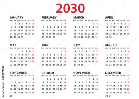 Download Calendar 2030 Template Planner 2030 Year Wall Calendar 2030