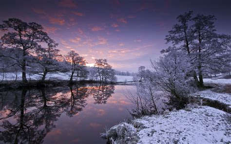 Landscapes Winter Snow Reflection Water Sky Clouds Sunset Sunrise Trees