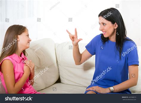 Smiling Deaf Girl Learning Sign Language Stock Photo 442588015