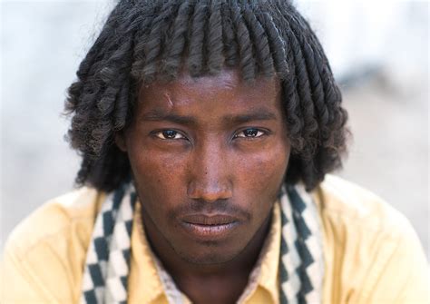 Afar tribe man, assaita, afar regional state, ethiopia. Portrait of an afar tribe man with traditional hairstyle ...