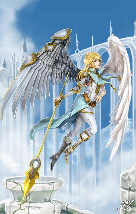 safebooru 1girl 2015 angel angel wings asymmetrical wings belt blonde hair boots borrowed
