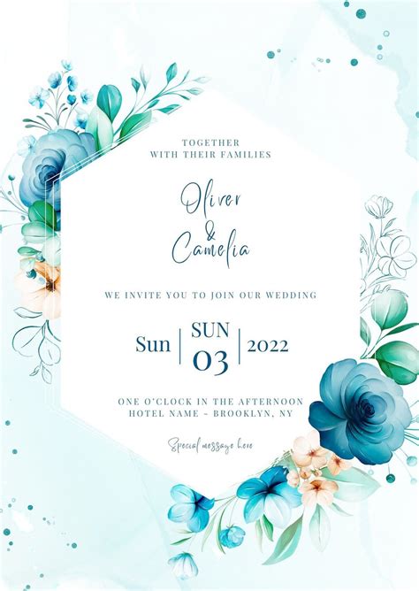 Blue Wedding Invitation Of Watercolor Floral Frame And Abstract
