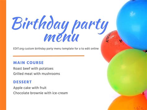 Online Customizable Birthday Menu Templates