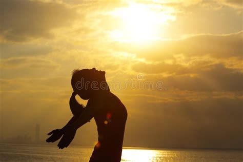 Young Woman Open Arms On Sunrise Beach Stock Photo Image Of Healthy