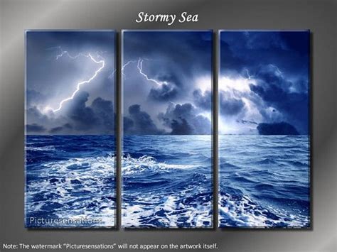 Framed Huge 3 Panel Lightning Ocean Stormy Sea Giclee Canvas Print