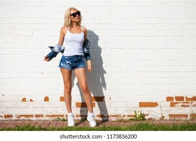 Beautiful Sexy Blonde Woman Dressed Denim Stock Photo