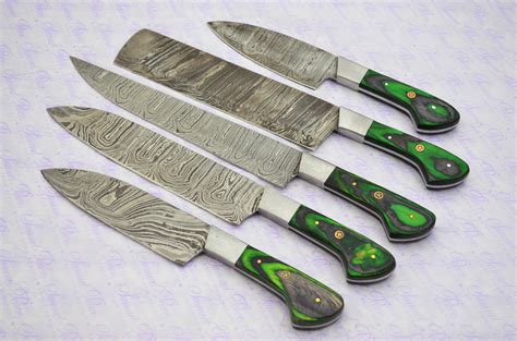 Damascus Steel Laminate Wood Handled Set Of 5 Chef Knives Kitchen