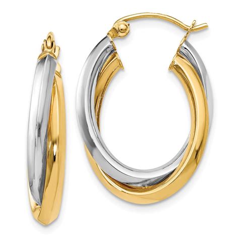 14K Two Tone Gold Earring Hoop Women S 22 Mm 18 Polished Oval Hinged