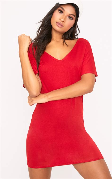 Basic Red V Neck T Shirt Dress Dresses Prettylittlething