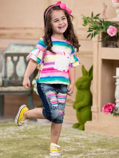 Girls Bunny Time Ruffle Sleeve Top And Patched Jean Capris Set Mia