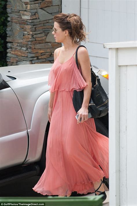 kate beckinsale shows off her assets in sheer pink chiffon gown as she leaves office daily