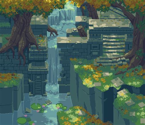 Waterfall Forest Pixelart Pixel Art Landscape Fantasy Landscape