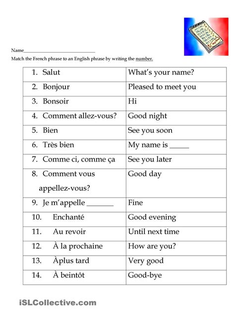 French Greetings Match | French worksheets, Basic french words, French ...