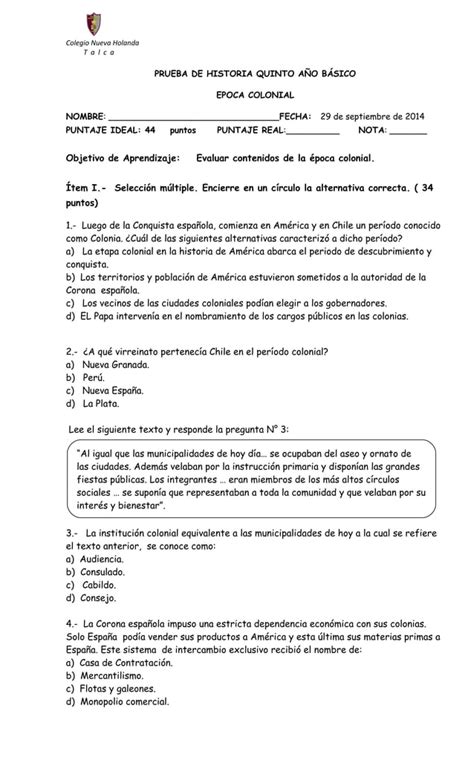 Prueba Quinto BÁsico Periodo Colonial Pdf