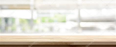 Wood Table Top On Blur Kitchen Window Background — Stock Photo