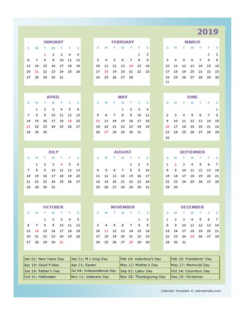 2019 Annual Calendar Design Template Free Printable Templates