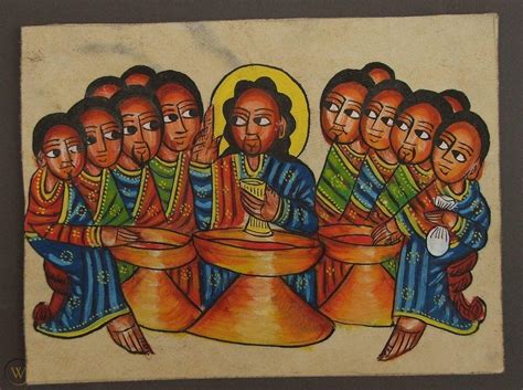 Ethiopian Folk Art Painting On Parchment Jesus The Last Supper