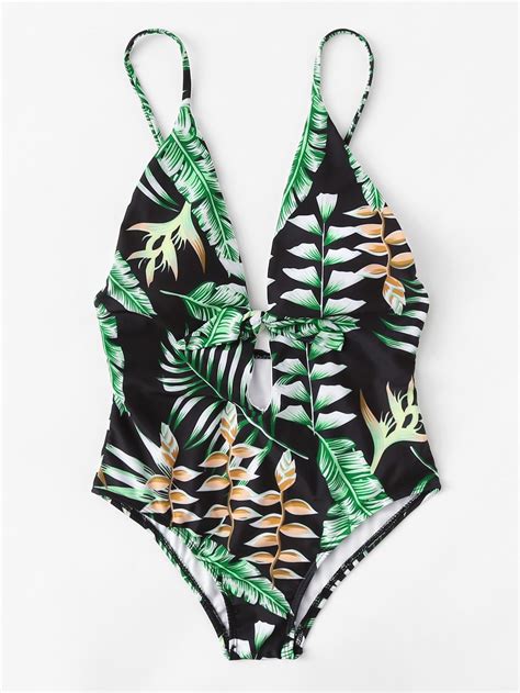 Tropical Print Knot Front Plunging One Piece Swim Leaf Print Swimsuit